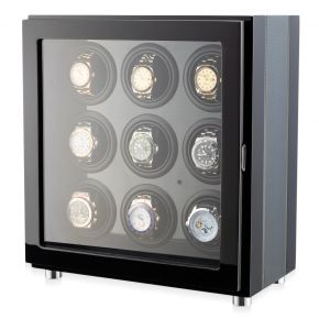 Watch Winder for 9 Watches with LED Backlight and Remote Control (Black + Carbon)