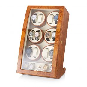 12 Watch Winder with 4 Storage Slots and Faux Leather Interior (Burl Wood + Beige)