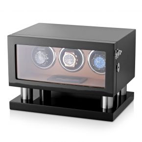 Watch Winder Box for 3 Watches with LED Backlight, LCD Display and Motor-Stop Option (Black & Brown)