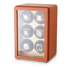 Watch Winder for 6 Watches with Interior Backlight, Faux Leather Finish and LCD Display (Brown + Beige)