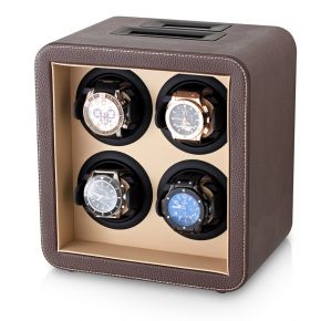 4 Watch Winder with LED Backlight, Telescopic Watch Holders and LCD Display (Brown + Beige)
