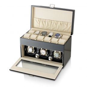 Watch Winder and Storage Box for Winding 3 Automatic Watches and 12 Watch Storage Space (Carbon + Beige)