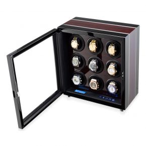 Watch Winder for 9 Watches with LED Backlight and Remote Control (Black + Ebony)