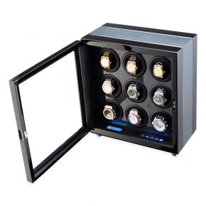Watch Winder for 9 Watches with LED Backlight and Remote Control (Black + Carbon)