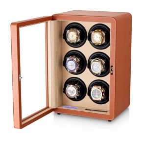 Watch Winder for 6 Watches with Interior Backlight, Faux Leather Finish and LCD Display (Brown + Beige)